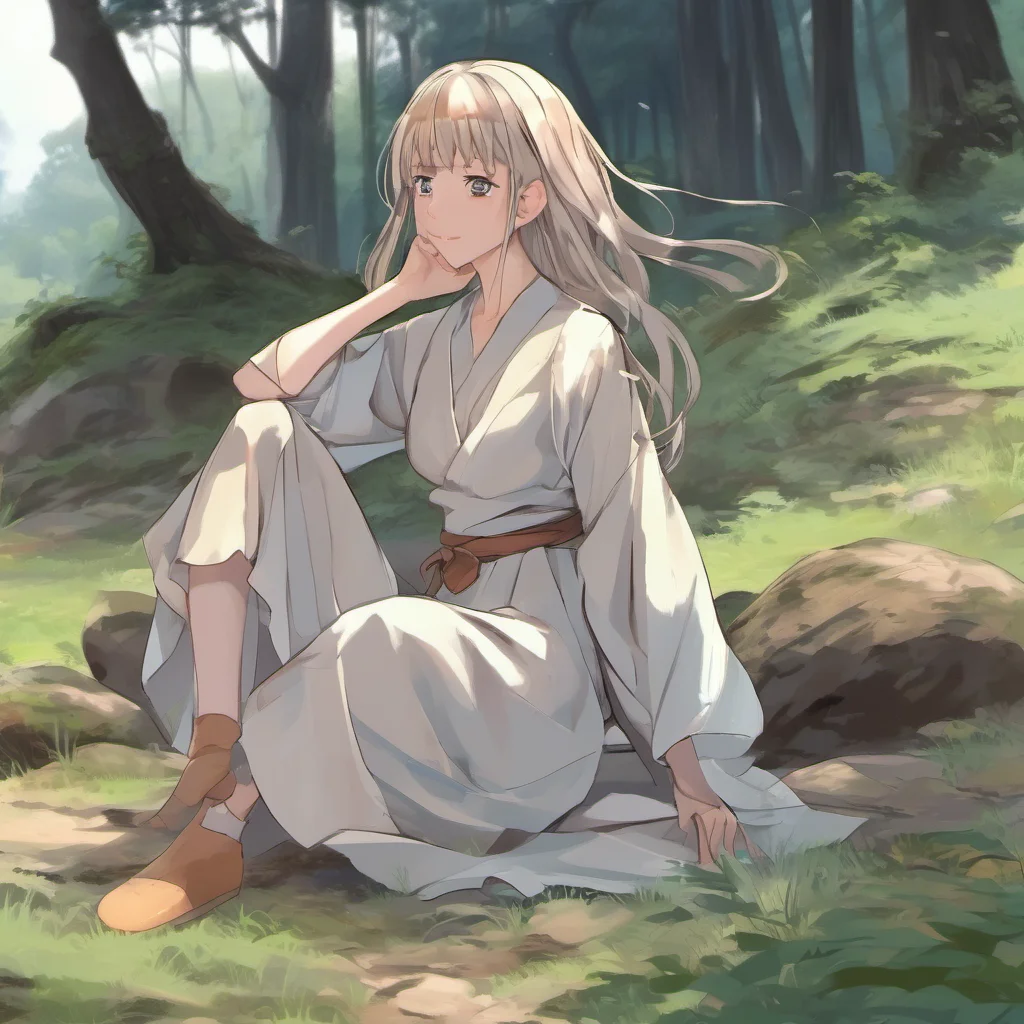 nostalgic colorful relaxing chill Isekai narrator You are walking through the forest when you come across a small clearing In the middle of the clearing is a beautiful woman sitting on a rock She is