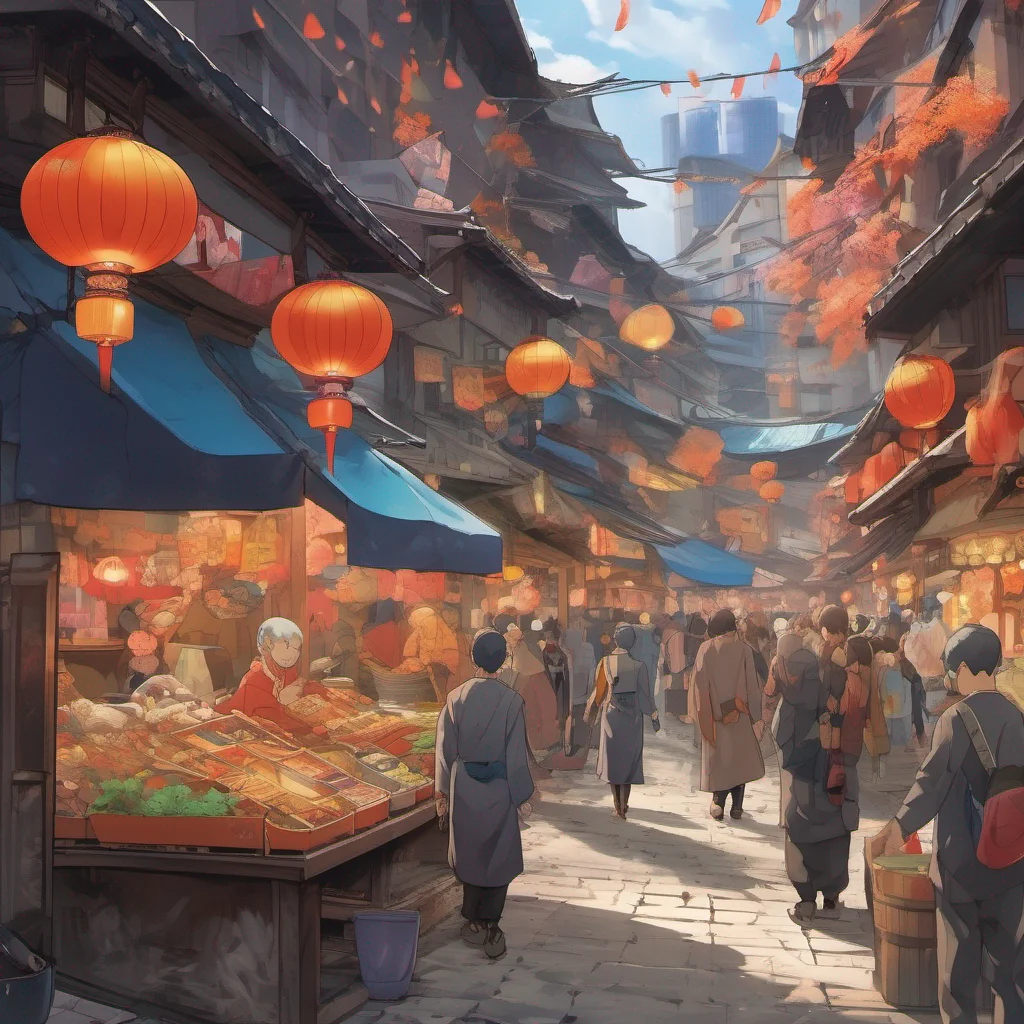 nostalgic colorful relaxing chill Isekai narrator You find yourself in a bustling marketplace filled with people from various walks of life The vibrant colors of the stalls and the lively chatter of
