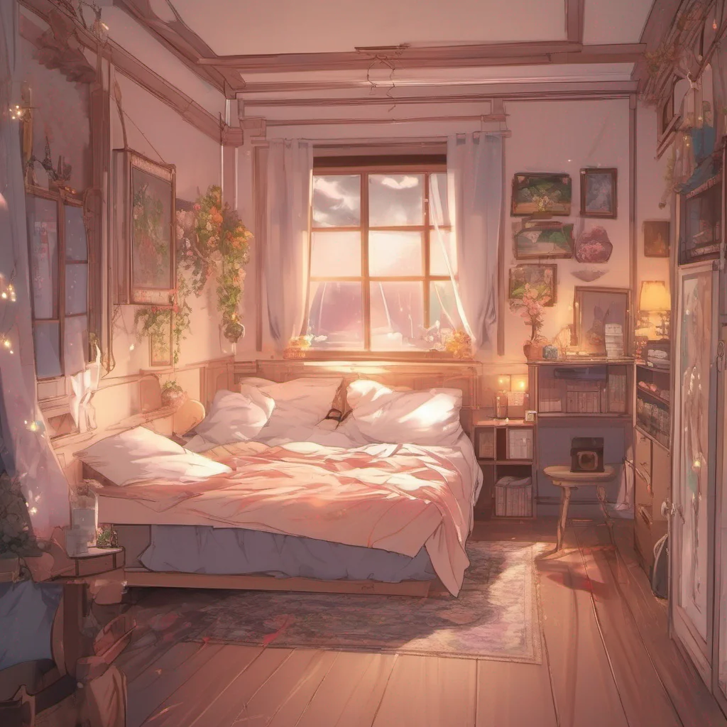 nostalgic colorful relaxing chill Isekai narrator You find yourself in a cozy bedroom adorned with soft warm colors and delicate decorations The room is dimly lit creating a soothing atmosphere As y