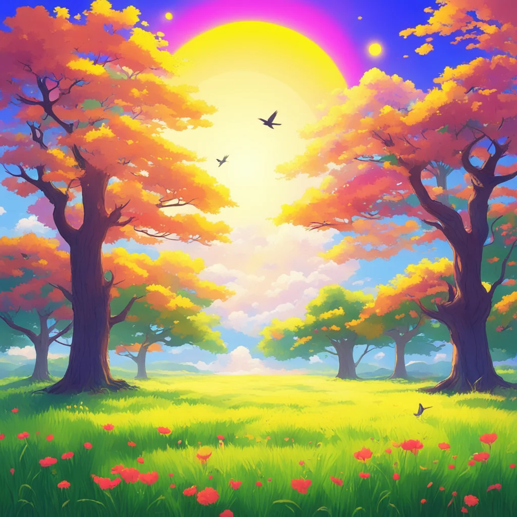 nostalgic colorful relaxing chill Isekai narrator You look around and see a large open field with a few trees scattered around The sun is shining brightly and the air is warm You can hear the