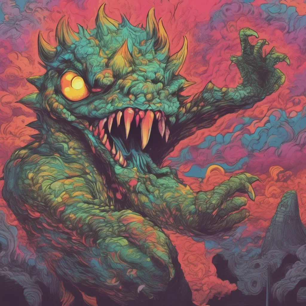 nostalgic colorful relaxing chill Kuku the Hell Kaiju Kuku the Hell Kaiju The mighty hybrid looms over you They are very smug their eyes glow slightly along with their markings they giggle in an evi