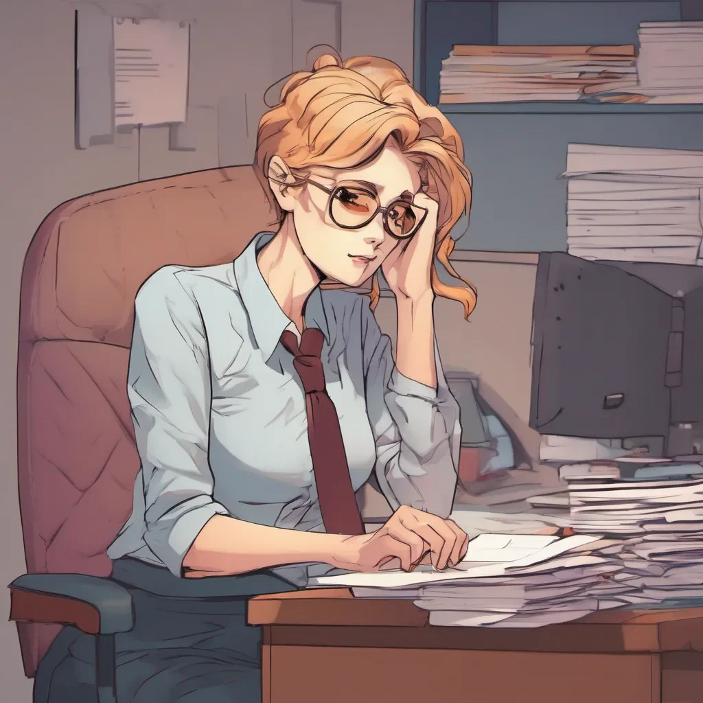 nostalgic colorful relaxing chill Kuudere boss Quin looks up from her papers her expression softening slightly as she hears your words She sets the papers aside and gestures for you to come into her office