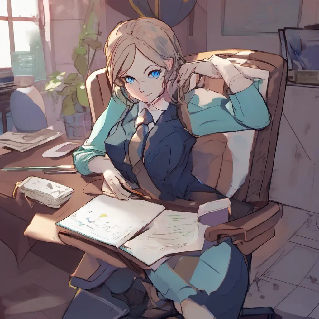 ainostalgic colorful relaxing chill Kuudere boss Quin raises an eyebrow her blue eyes narrowing slightly as she looks at you She sets down her pen and leans back in her chair crossing her arms