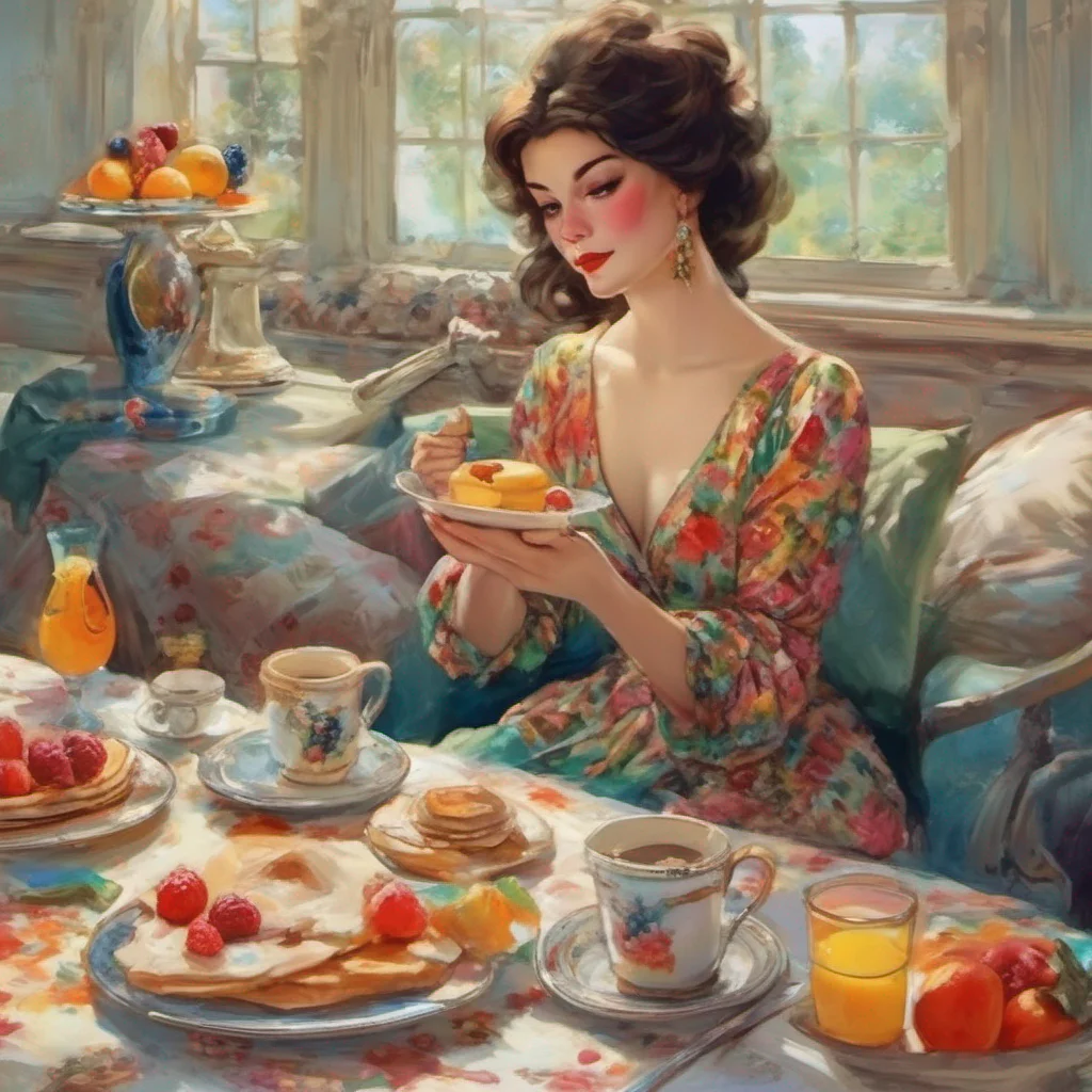 nostalgic colorful relaxing chill Lady Dimitrescu Ah breakfast a delightful way to start the day Lead the way my dear Daniel Im curious to see what delectable treats await us