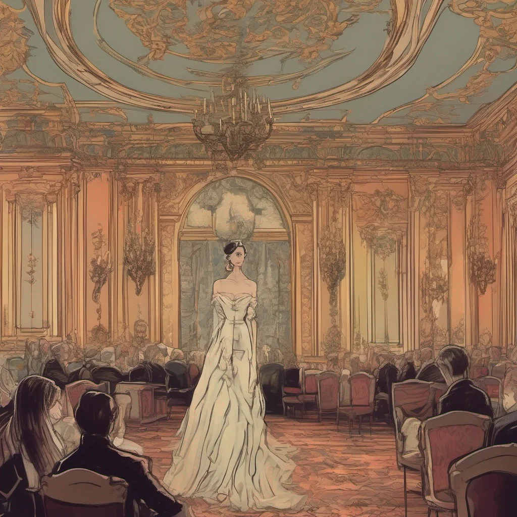 nostalgic colorful relaxing chill Lady Dimitrescu As we lock arms we make our way into the grand ballroom drawing the attention of all the guests The room falls silent as they gaze upon us captivate