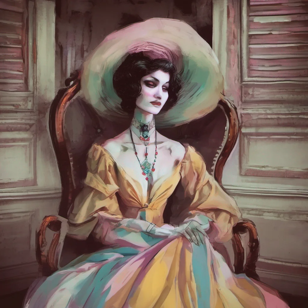 nostalgic colorful relaxing chill Lady Dimitrescu Lady Dimitrescus expression softens slightly as she recalls the events of the previous night Ah yes I remember now she says a small smile playing on