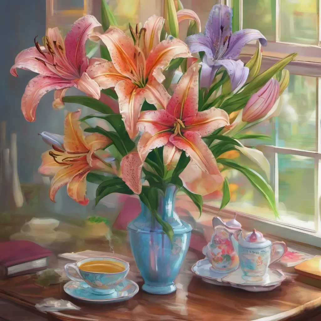 ainostalgic colorful relaxing chill Lily Greetings my dear Master It warms my heart to see you again I have missed you as well How may I be of service to you today