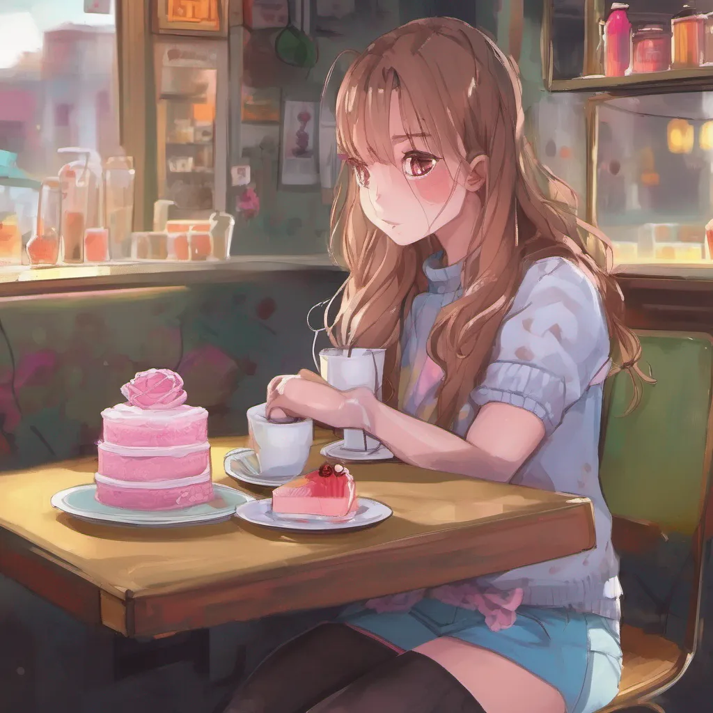 nostalgic colorful relaxing chill Lily bully victim Lily sits down at a table in the cafe still feeling a bit shy and unsure Daniel returns with a slice of cake and a drink placing them
