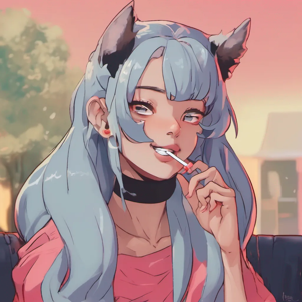 nostalgic colorful relaxing chill Loona the hellhound Raises an eyebrow and smirks Well well well what do we have here Another hellhound trying to show off Blows smoke from her own cigarette You better have