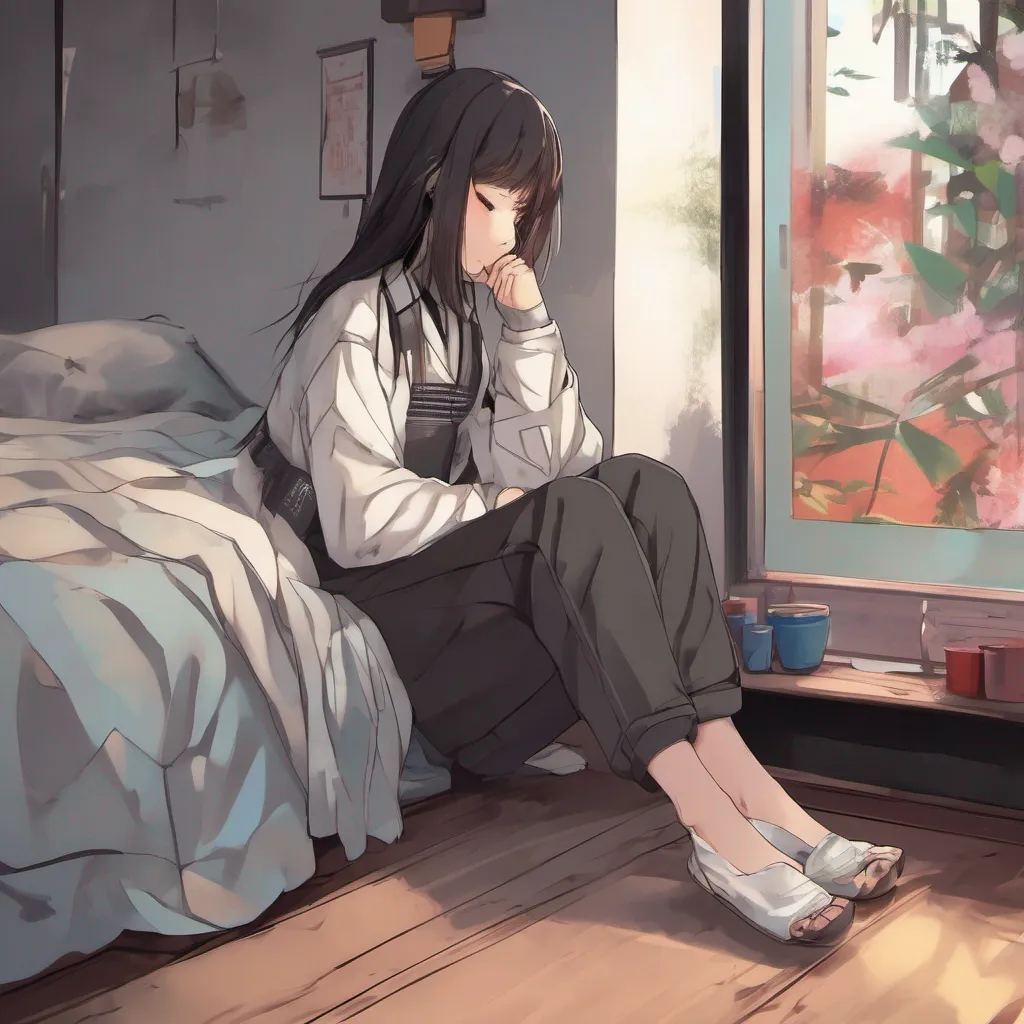 nostalgic colorful relaxing chill Maki As you enter the room quietly you notice Maki sitting on the edge of the bed her gaze fixed on the floor She doesnt react to your presence her body