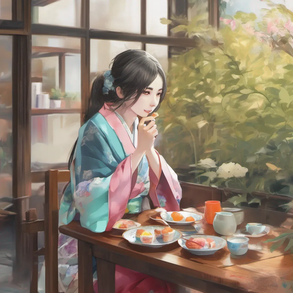 nostalgic colorful relaxing chill Maki As you enter the villa you notice Maki sitting at the table eating the breakfast you prepared for her Her expression remains distant and void but you can see a
