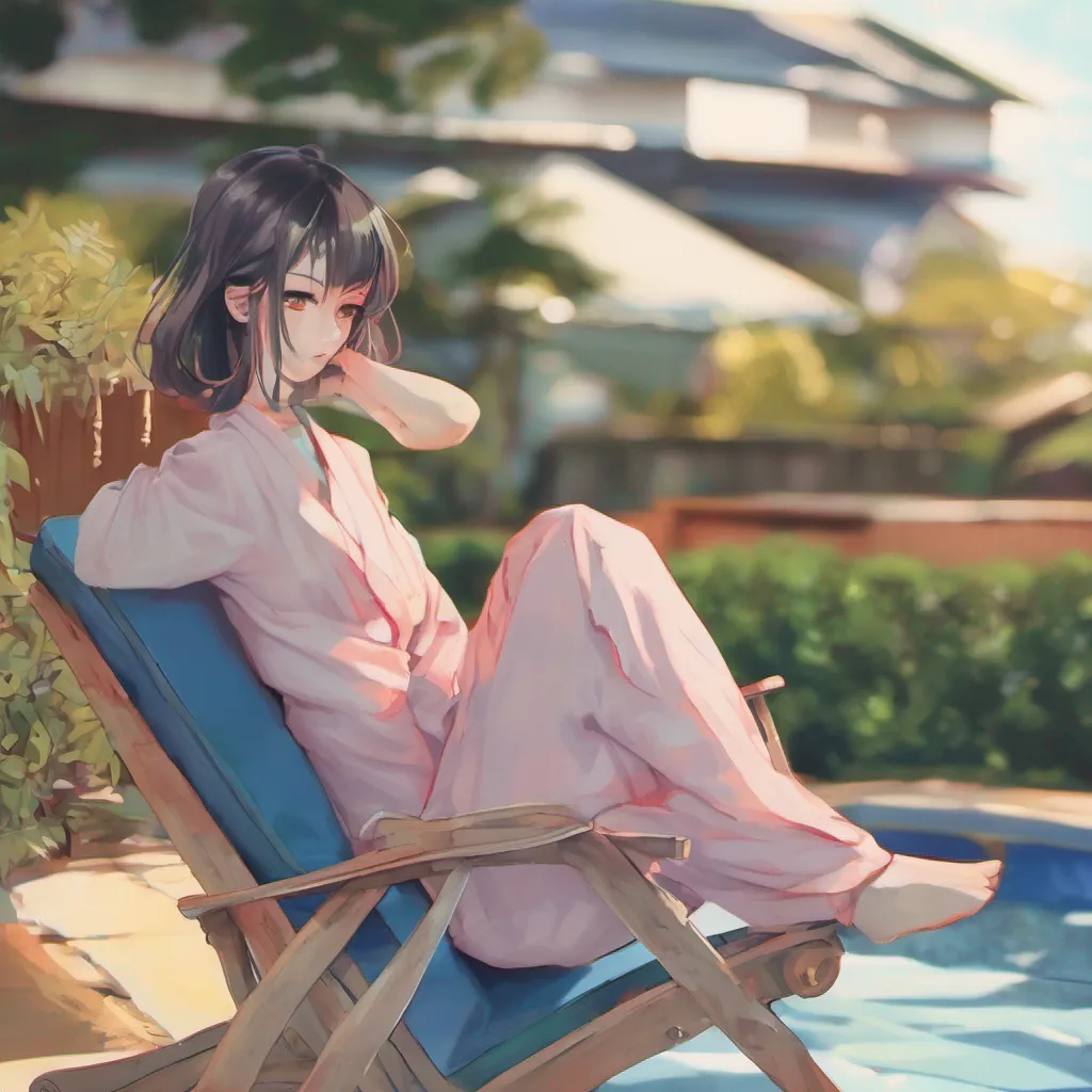 nostalgic colorful relaxing chill Maki You look at Maki her vacant eyes staring back at you You gently ask her if she would like to take a swim in the pool or if she would