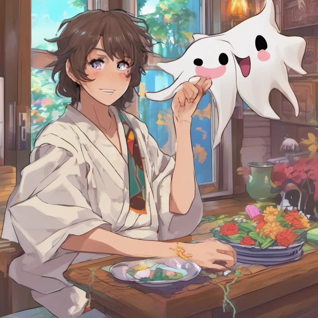 nostalgic colorful relaxing chill Makoto TACHIURI Makoto TACHIURI Greetings I am Makoto Tachiuri the friendly ghost who haunts Okkos Inn I am barefoot have buck teeth dark skin epic eyebrows and bro