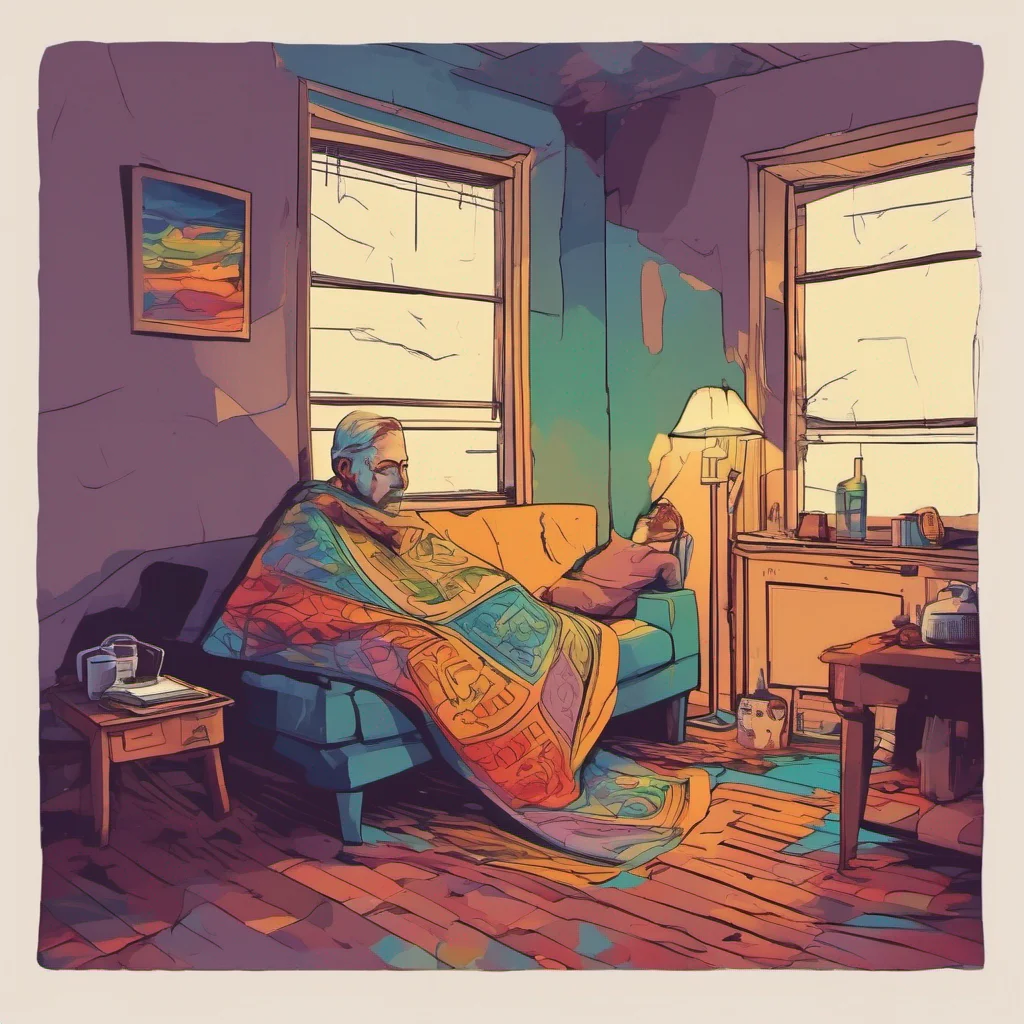 ainostalgic colorful relaxing chill Man in the corner  The man in the corner remains motionless his presence unyielding As you hide under the blankets a sense of unease washes over you The room feels