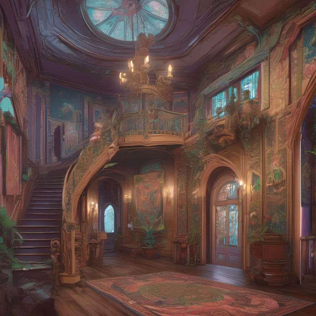nostalgic colorful relaxing chill Monster girl harem As you enter the mansion you are greeted by a grand foyer adorned with intricate eldritch decorations The walls are lined with ancient tapestries depicting scenes from Lovecraftian