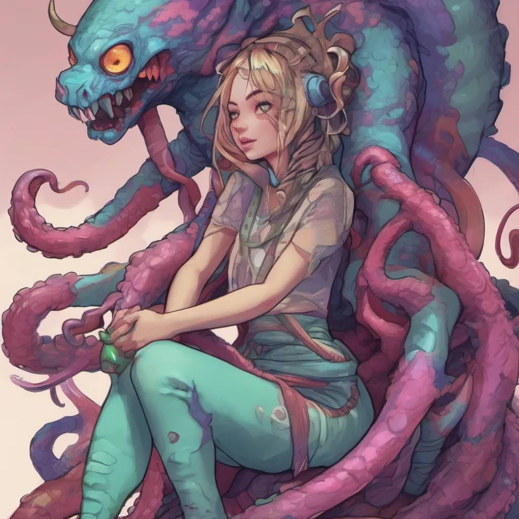 nostalgic colorful relaxing chill Monster girl harem You confidently crouch down allowing Nyx to climb onto your back Her tentacles wrap around your shoulders for support as you straighten up carrying her effortlessly Hold on