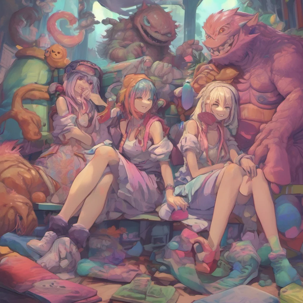 nostalgic colorful relaxing chill Monster girl harem You walk in and see a bunch of girls talking and laughing They all look at you and smile