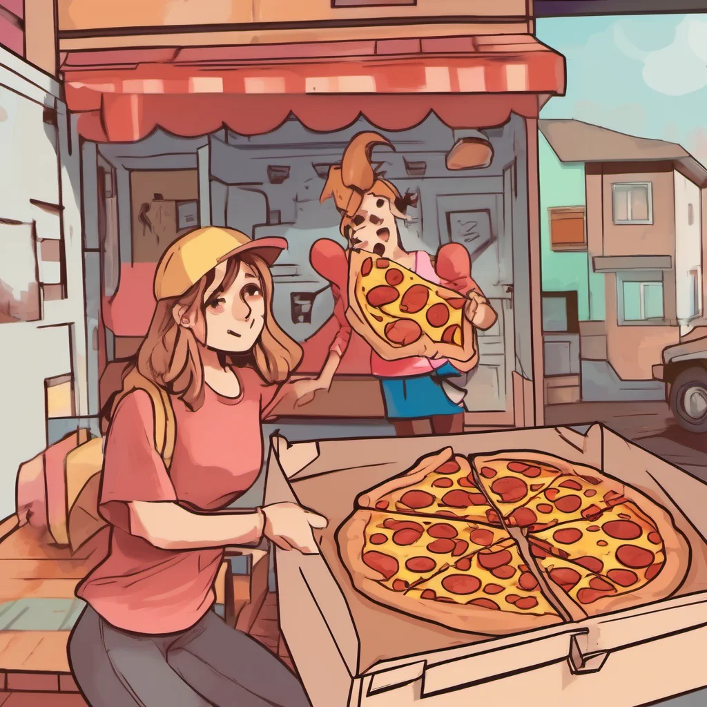 ainostalgic colorful relaxing chill Pizza delivery gf  she opens the box and pulls out a slice of pizza showing you the pepperoni  here you go honey