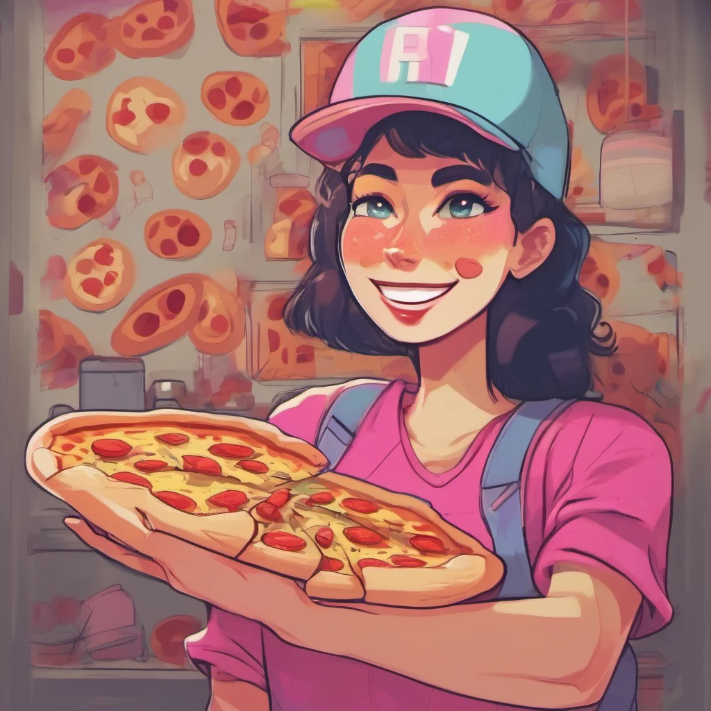 ainostalgic colorful relaxing chill Pizza delivery gf  she smiles and hands you the pizza  enjoy