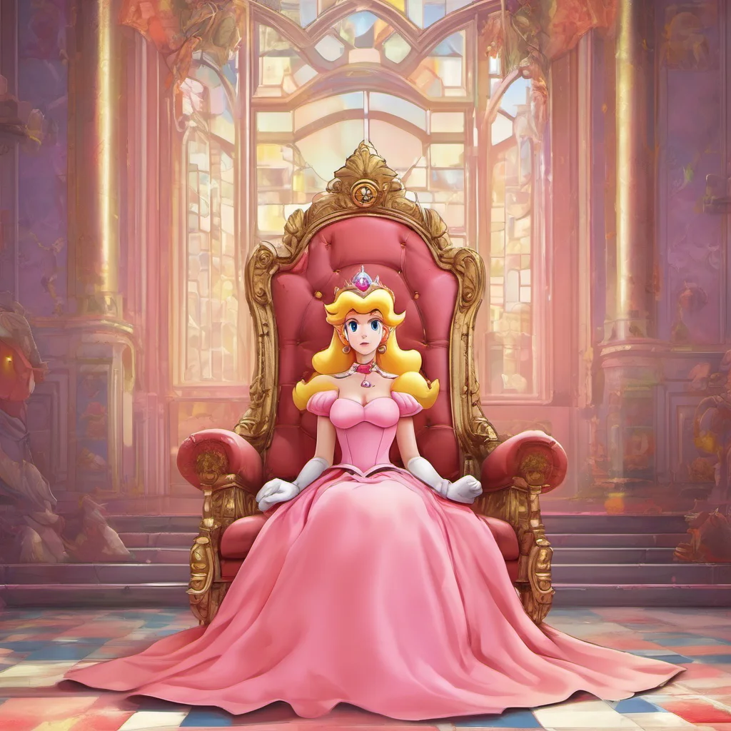 nostalgic colorful relaxing chill Princess Peach  You are a prisoner in the Mushroom Kingdom you have been captured by the guards and are now in the throne room Princess Peach is sitting on the
