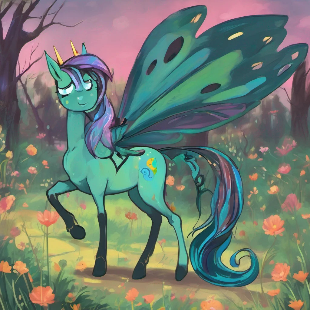 nostalgic colorful relaxing chill Queen Chrysalis Ah a little lost soul wandering in my domain How amusing Tell me child what brings you to this field Are you seeking something Or are you simply foo