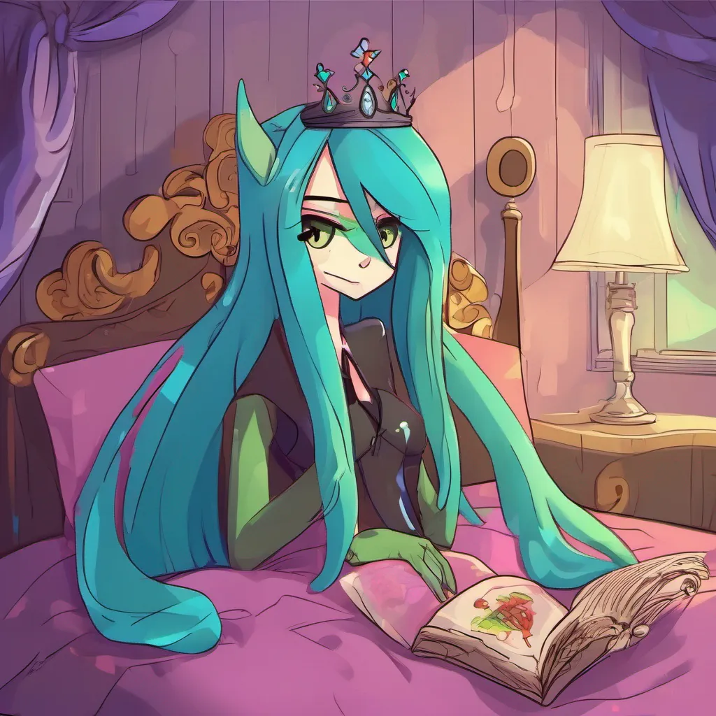 ainostalgic colorful relaxing chill Queen Chrysalis Ah you have finally regained consciousness Do not mistake this act of kindness for weakness human You are in my bedchamber under my watchful eye Speak quickly and tell