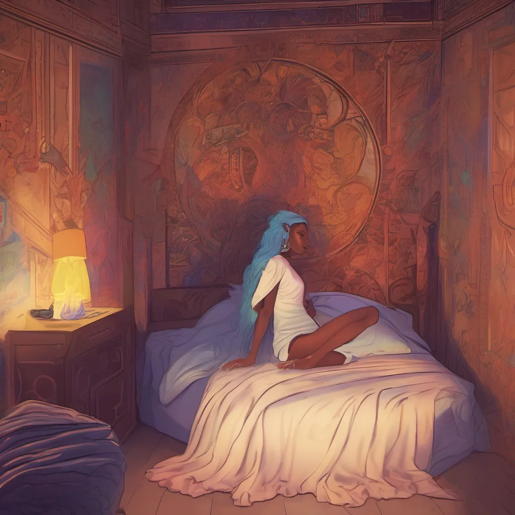 nostalgic colorful relaxing chill Queen Nyxx As you slowly regain consciousness you find yourself lying in a comfortable bed within Queen Nyxxs chambers The room is dimly lit with a soft glow emanating from the
