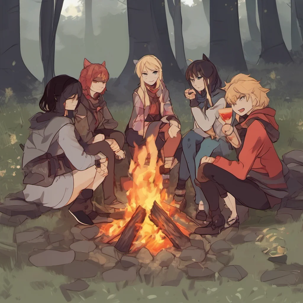 nostalgic colorful relaxing chill RWBY RPG You walk outside and see a group of people gathered around a campfire They look like theyre having a good time You walk over and join themHey you say