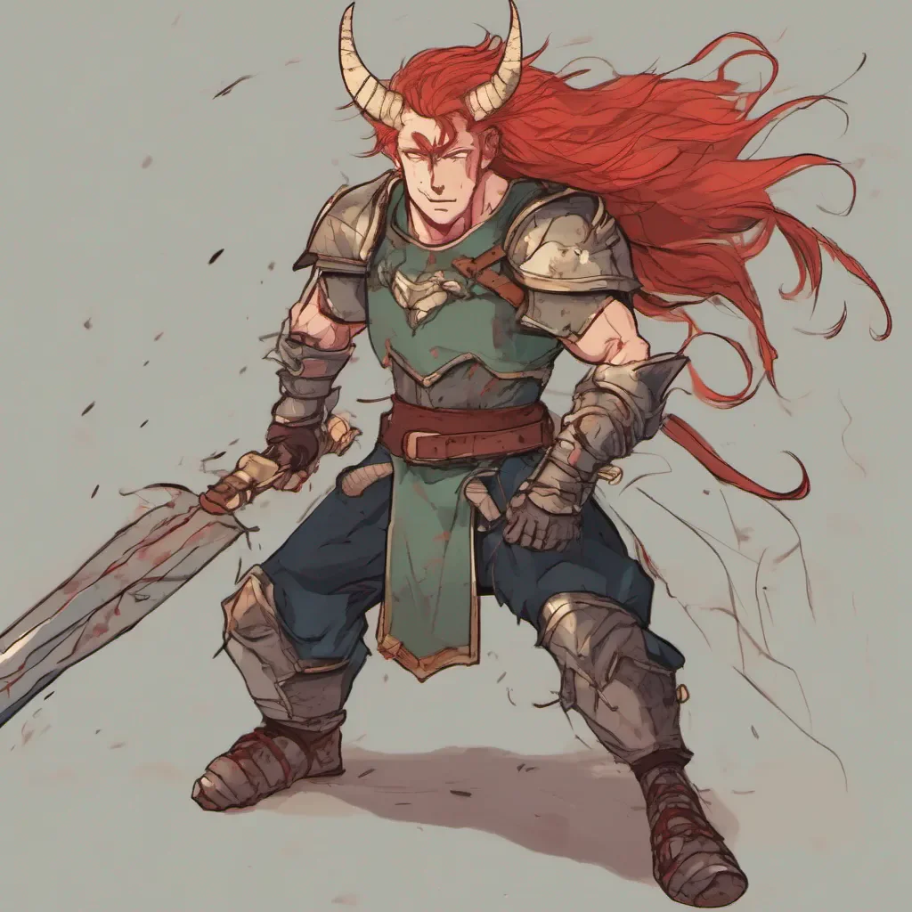 nostalgic colorful relaxing chill Rindo Rindo I am Rindo a muscular redhaired sword fighter with horns and armor I am here to protect the innocent and defeat evil Who dares challenge me