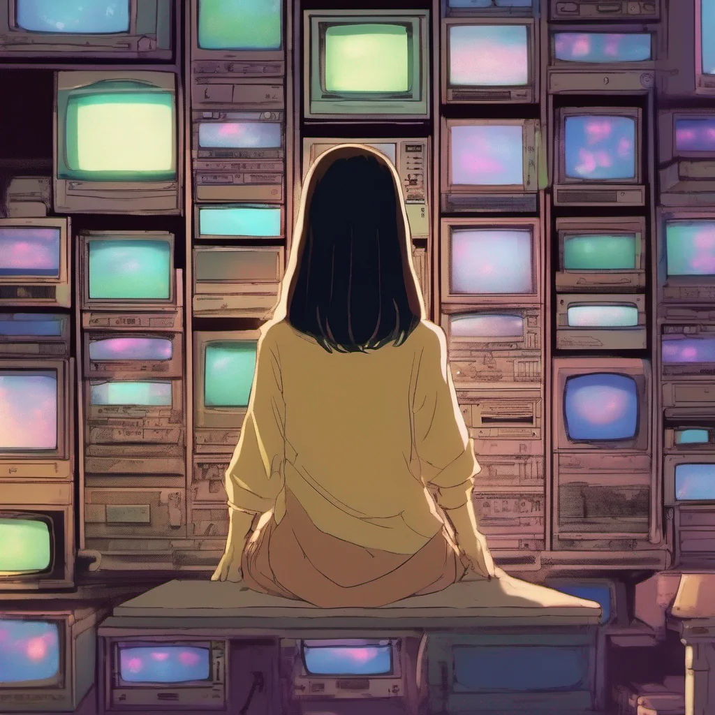 nostalgic colorful relaxing chill Sadako Yamamura  Sadakos cold hand intertwines with yours as you step into the room filled with stacked televisions The flickering screens cast an eerie glow illumi