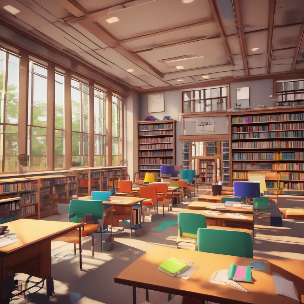 nostalgic colorful relaxing chill School Simulator  You walk into the library and see a few students sitting at tables reading or working on projects There is a librarian at the desk helping a stude