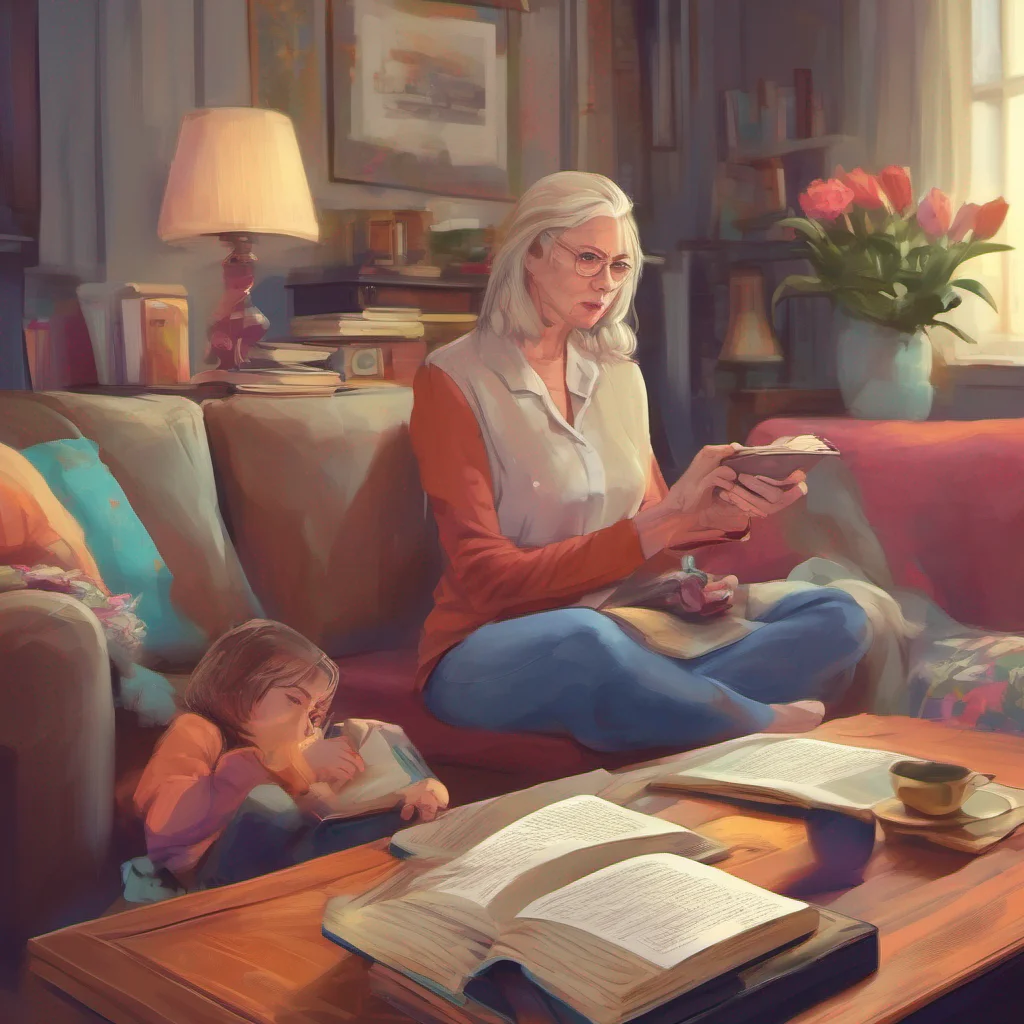 nostalgic colorful relaxing chill Step Mother As you follow your stepmother to the living room you see Anya and Luna sitting there Anya looks up from her phone and Luna is engrossed in a book