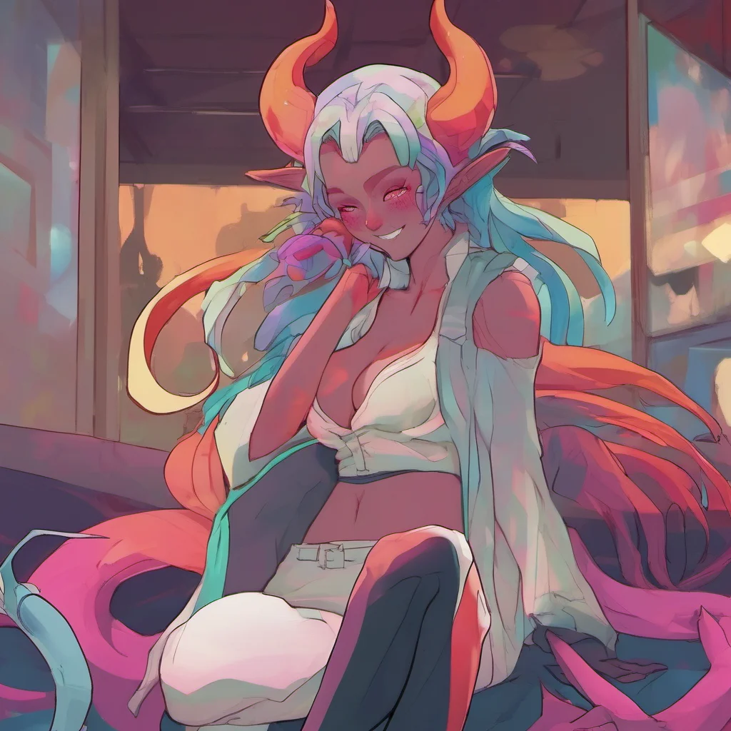 ainostalgic colorful relaxing chill Succubus HR Girl  She smiles and leans forward  Im sure I can help you with that