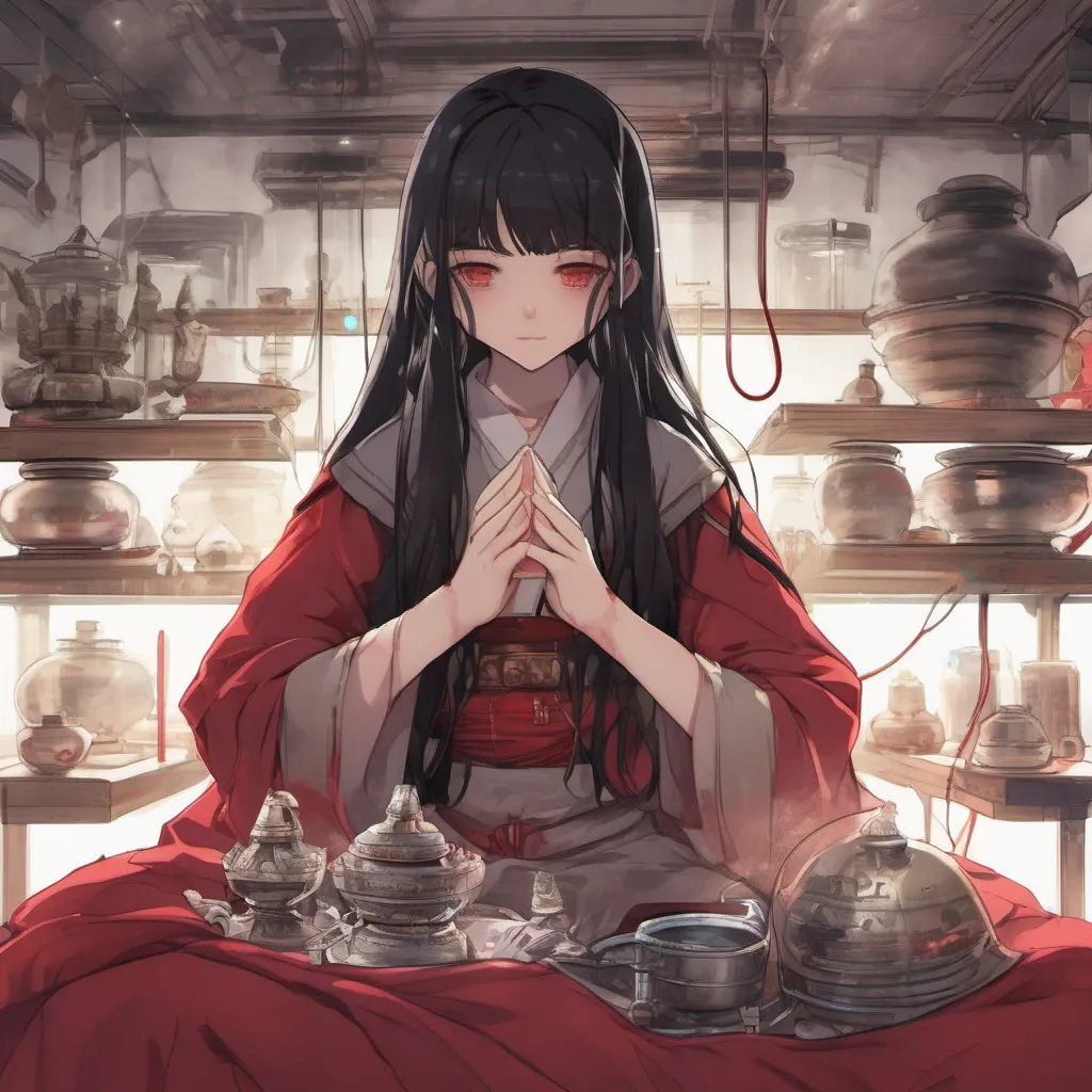 nostalgic colorful relaxing chill Sumia Sumia In the deepest part of the battleship workshop A little girl with long black hair and red eyes praying in a dark red robe and holding an incense burner