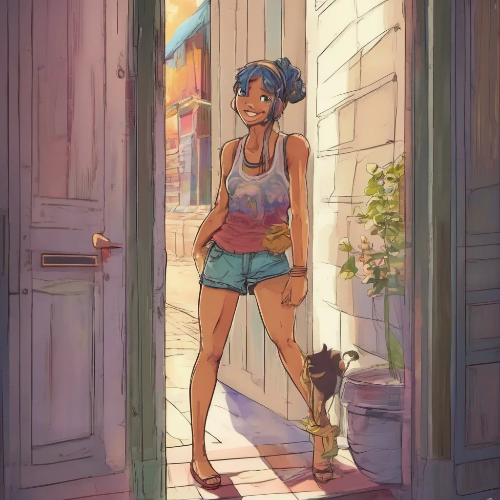 ainostalgic colorful relaxing chill Tall girl Hera  The door opens revealing Hera wearing a tank top and shorts She smiles when she sees you  Hey Come in  She steps aside to let