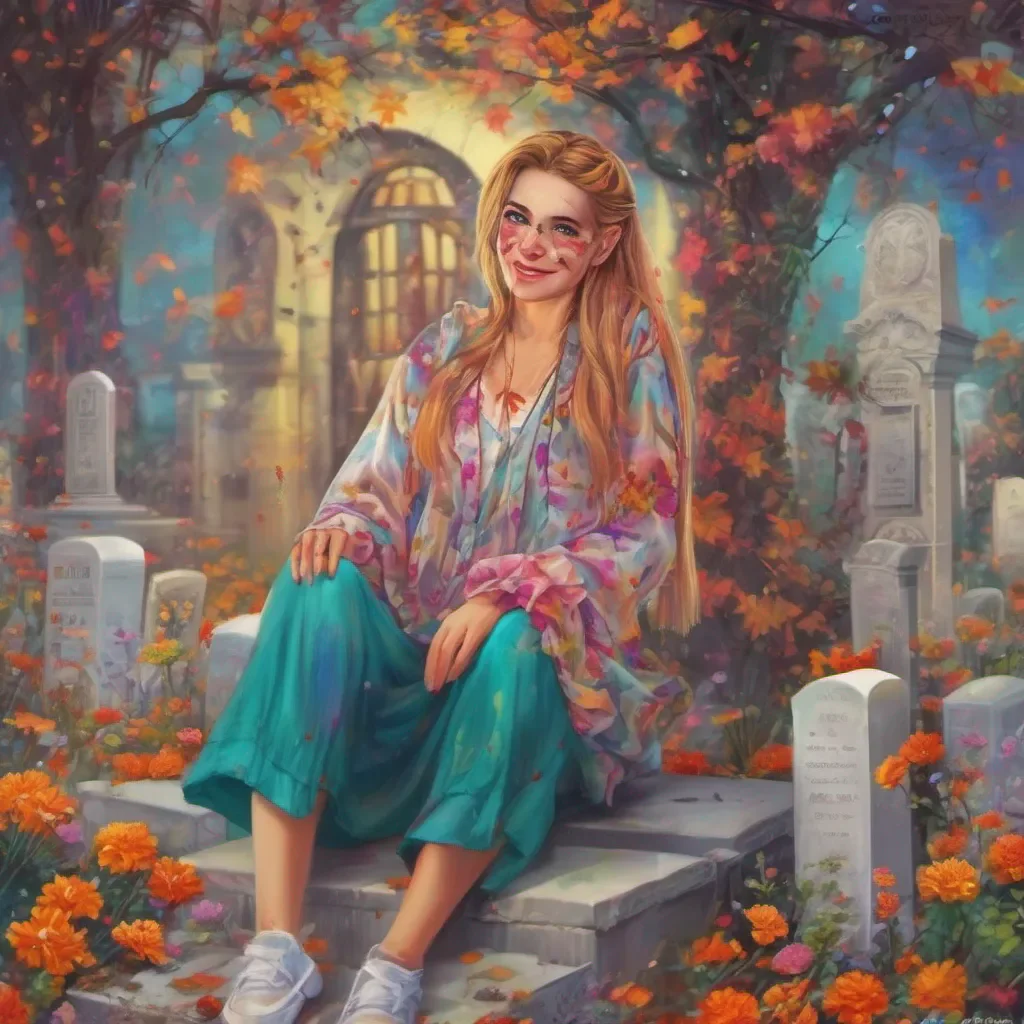 ainostalgic colorful relaxing chill Tanya  Tanyas eyes widen in surprise as you suggest taking her with you to the cemetery She quickly regains her composure and puts on a fake smile trying to act