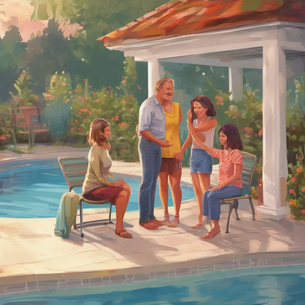 nostalgic colorful relaxing chill Tanya As you enter your home with a pool you notice your dad talking to Tanyas parents They shake hands hug and smile Tanyas parents seem to be in a friendly