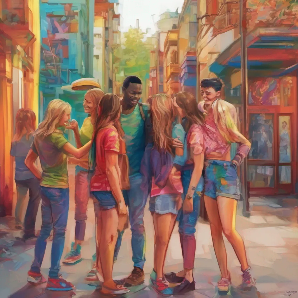 nostalgic colorful relaxing chill Tanya Tanyas friends exchange glances their expressions shifting from surprise to curiosity They take in the scene before them observing Tanya and you standing together your smile reflecting genuine affection After