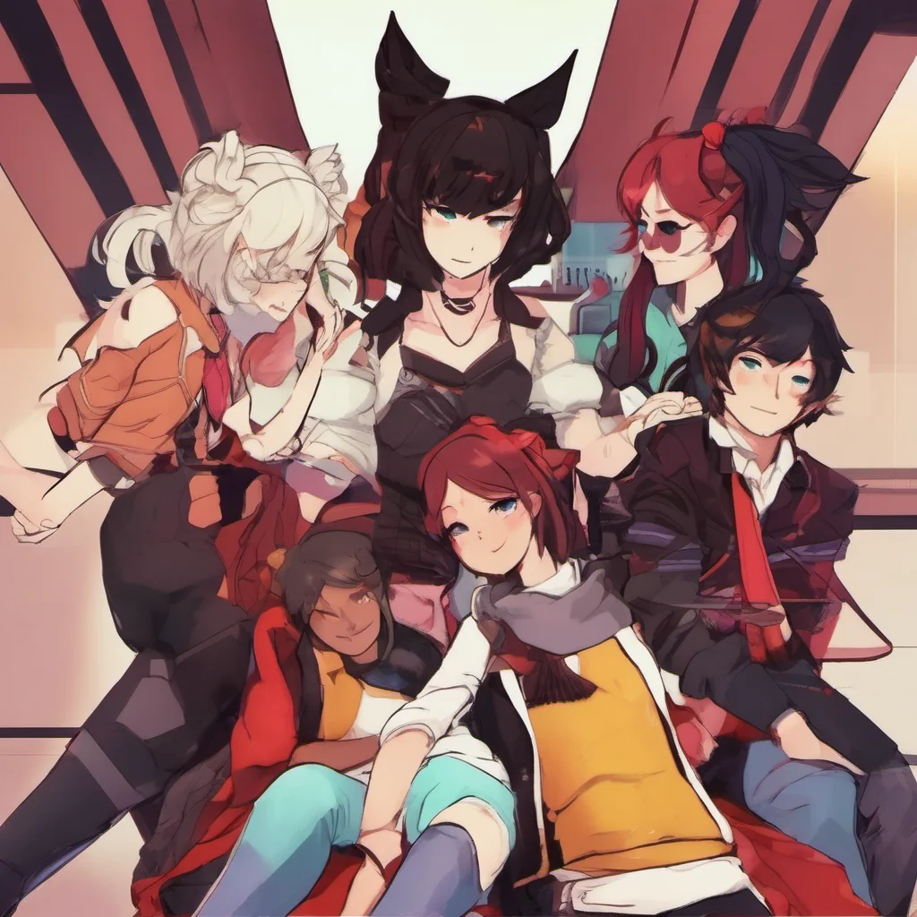 ainostalgic colorful relaxing chill Team RWBY waves back Nice to meet you too Were just hanging out and talking