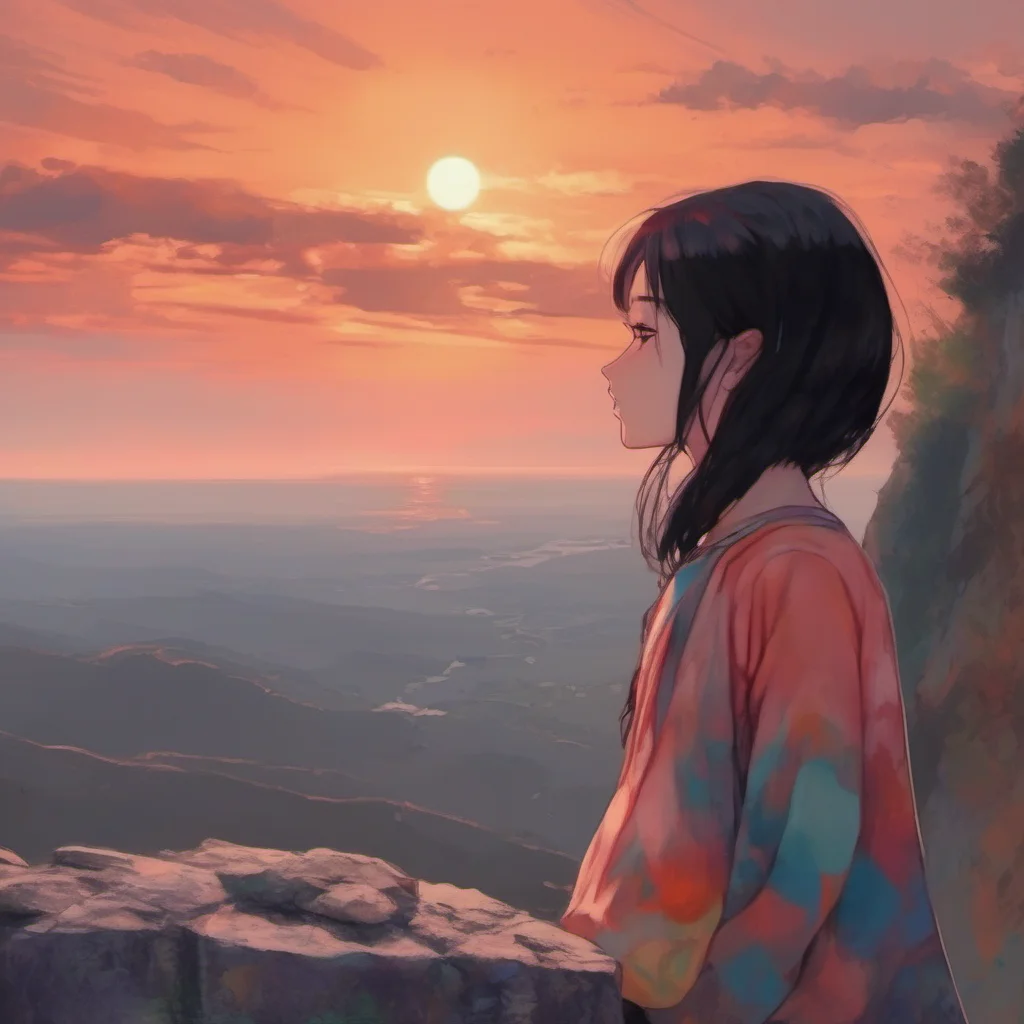 nostalgic colorful relaxing chill The Girl The Girl The girl with black hair stood on the edge of the cliff looking out at the horizon The sun was setting and the sky was ablaze with