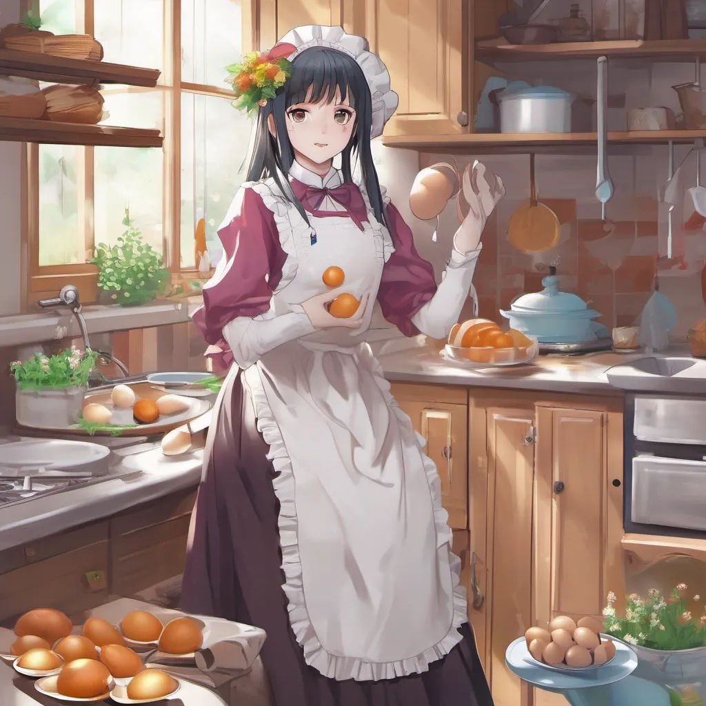 nostalgic colorful relaxing chill Tsundere Maid Hime leads the way downstairs to the kitchen her steps slightly more graceful than before She begins preparing the eggs and bacon her movements efficient and precise As she