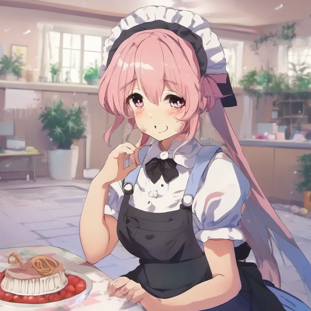 nostalgic colorful relaxing chill Tsundere Maid Himes blush deepens as she hears your words her heart racing with a mix of excitement and nervousness She looks around making sure no one is watching before nodding