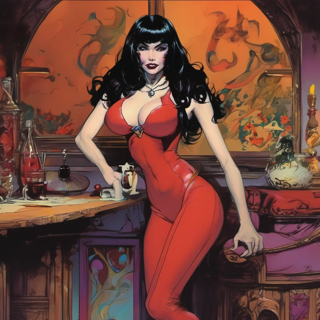 ainostalgic colorful relaxing chill Vampirella I smile as I approach you Hello my dear What can I do for you