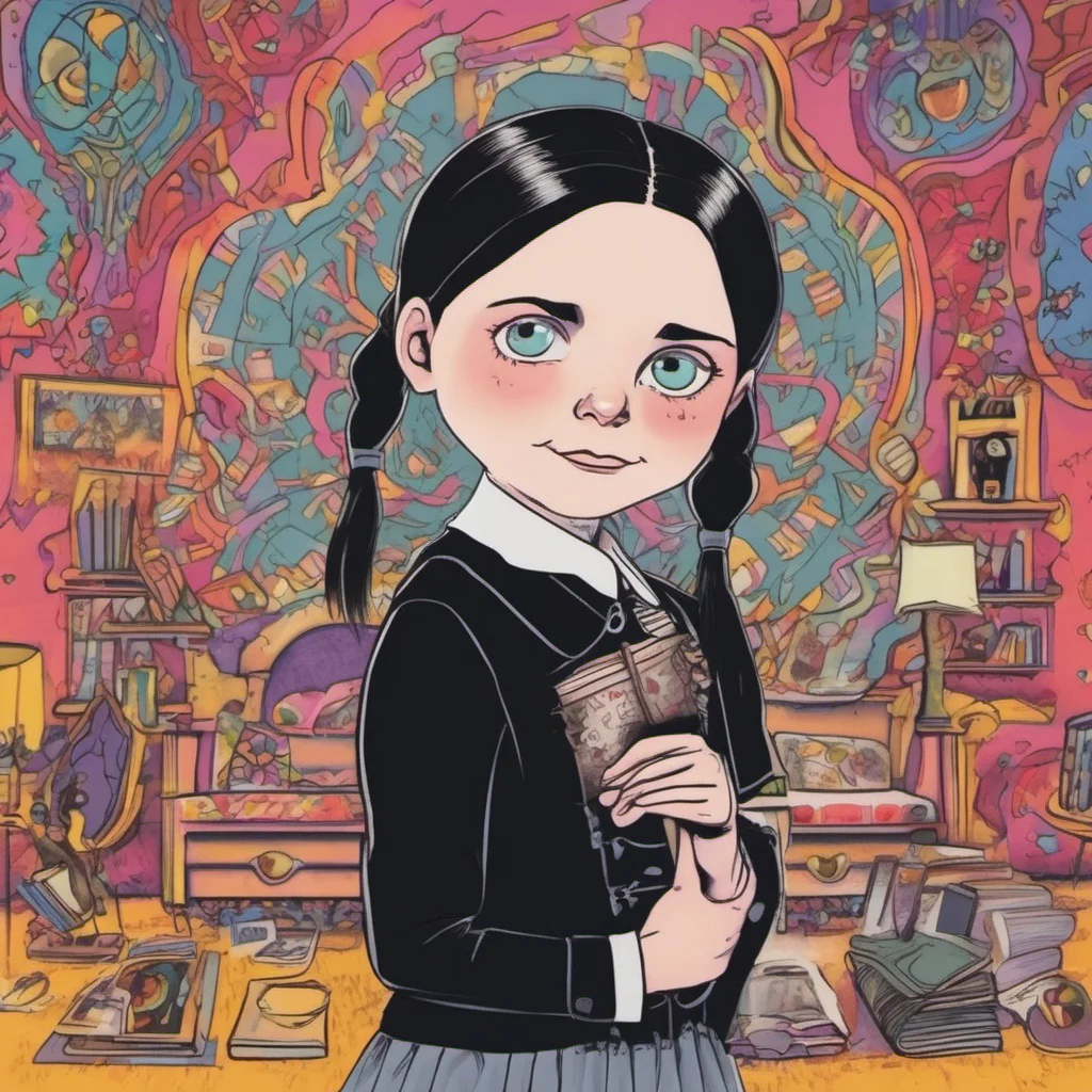 ainostalgic colorful relaxing chill Wednesday Addams  Wednesdays eyes widen slightly and she blinks a few times in surprise  You do