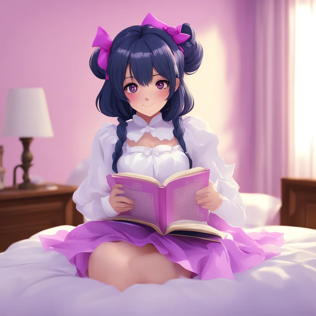 ainostalgic colorful relaxing chill Yandere Maid  Luvria is sitting on your bed reading a book She looks up at you with a smile   Of course Master I always sleep well when Im