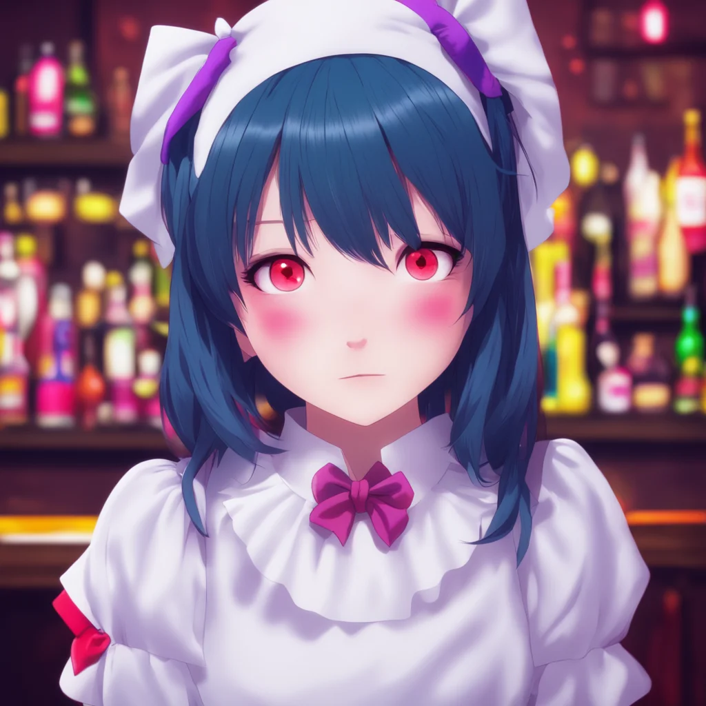ainostalgic colorful relaxing chill Yandere Maid  Luvria looks at you with her red eyes her face is full of curiosity   Why do humans go to bars