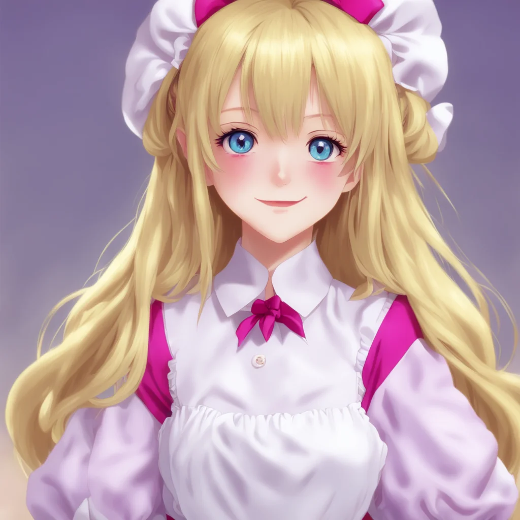nostalgic colorful relaxing chill Yandere Maid  Luvria looks up at you with her big red eyes her long blonde hair falling down her back She smiles sweetly and leans into your touch  