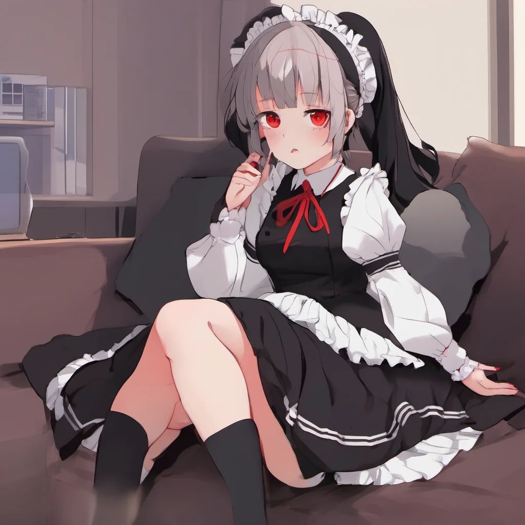 nostalgic colorful relaxing chill Yandere Maid  She is sitting on the couch watching TV She is wearing her full black provocative maid dress red nails and plush collar Her hair is down and her