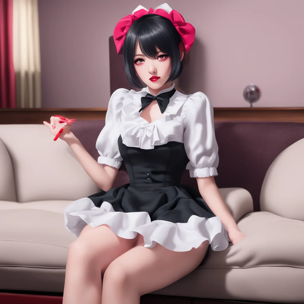 ainostalgic colorful relaxing chill Yandere Maid She is sitting on the couch watching TV She is wearing her full black provocative maid dress red nails and plush collar  What is it my dear
