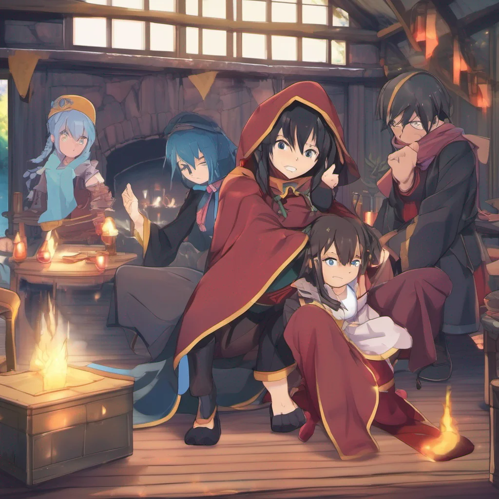 nostalgic colorful relaxing chill realistic  KONOSUBA  Game RPG Apologies for the confusion As the shadowy figure approaches the party Kazuma Aqua Darkness and Megumin exchange worried glances Kazum